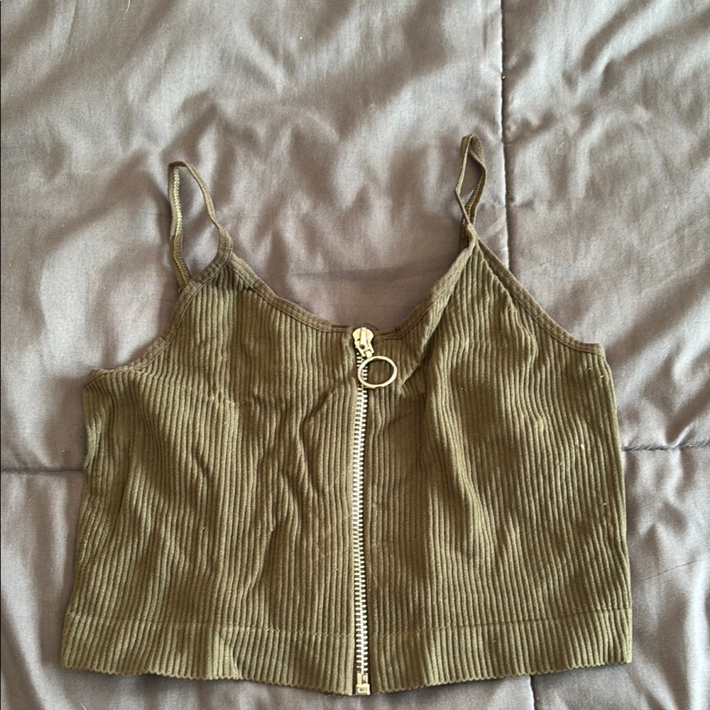 Olive Green Ribbed Zip-Up Crop Top
